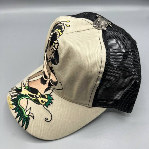 Vintage Cliff Raven Hat Brown Ed Hardy Japanese tattoo Snap back Trucker Cap 90s - Picture 2 of 7